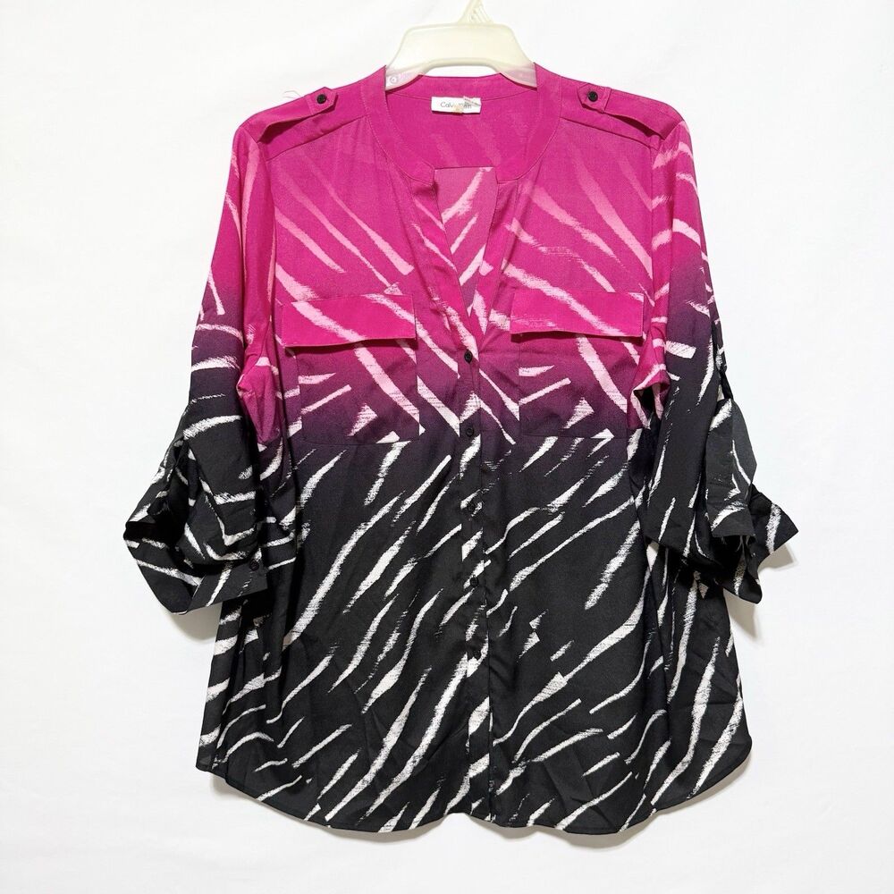Calvin Klein 1X Womens Blouse Pink Black Abstract Print Roll Tab Sleeve Plus